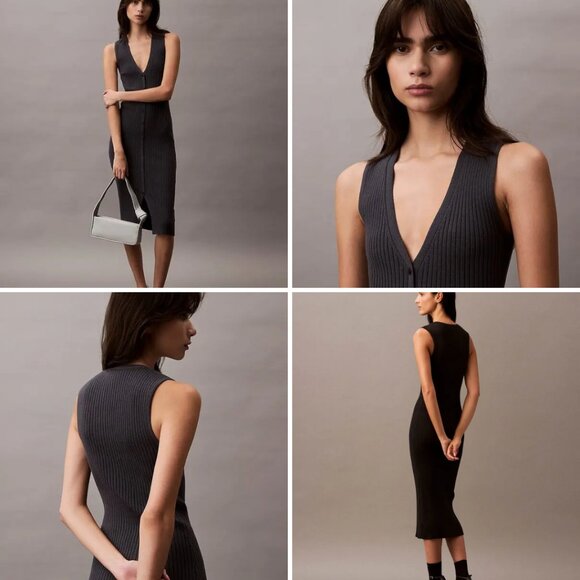 NWT Calvin Klein Women’s Cotton Rib V-Neck Button Dress Medium $99 New With Tags - Picture 3 of 17